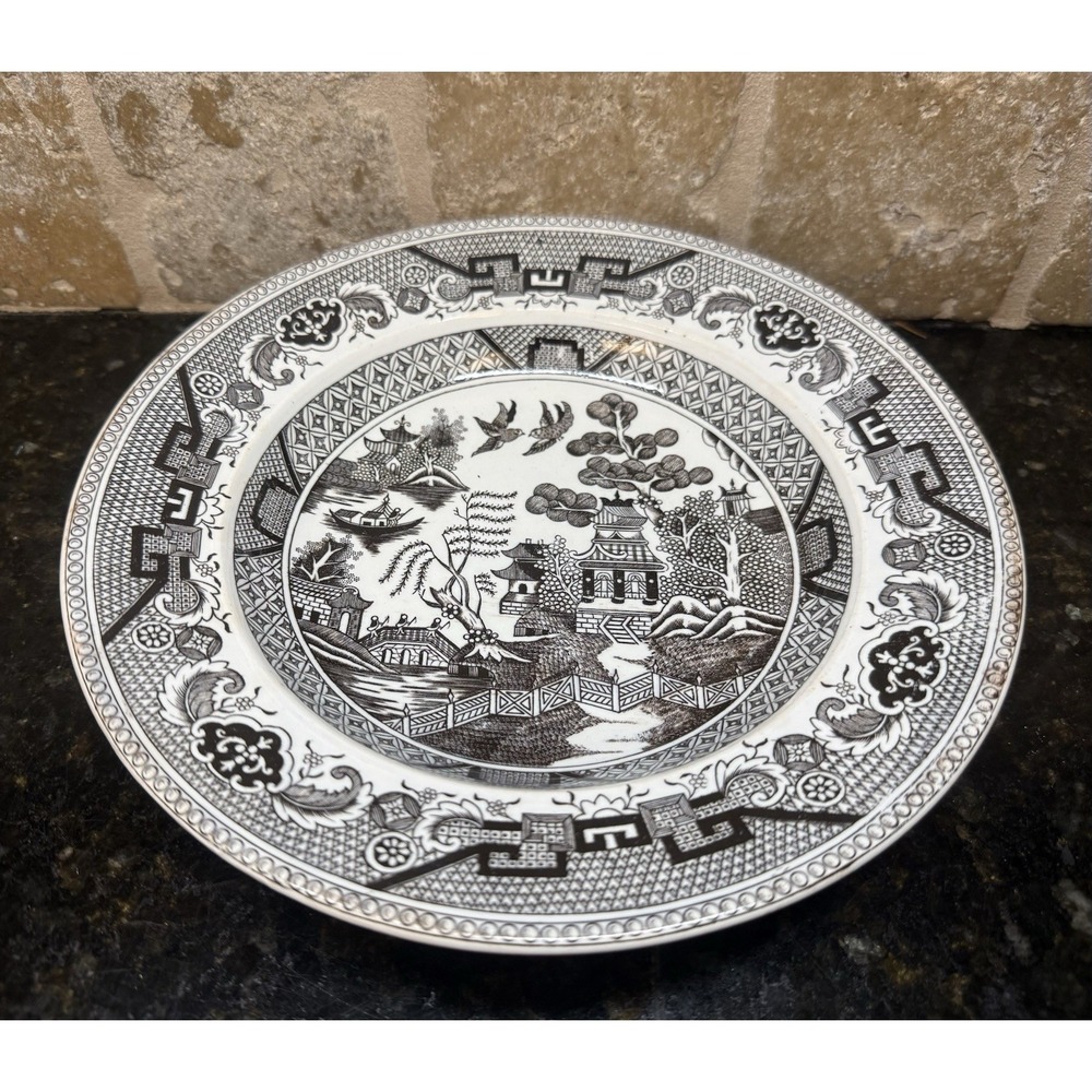 VTG Churchill Midnight Willow Black Dinner Plate/Shallow Bowl Transferware Asia